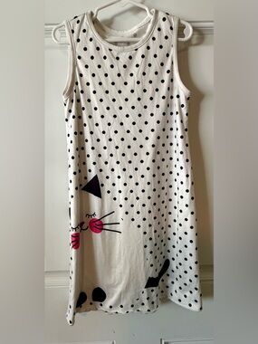 Polka Dot Cat Print Sleeveless Dress - White & Black with Pink Accents